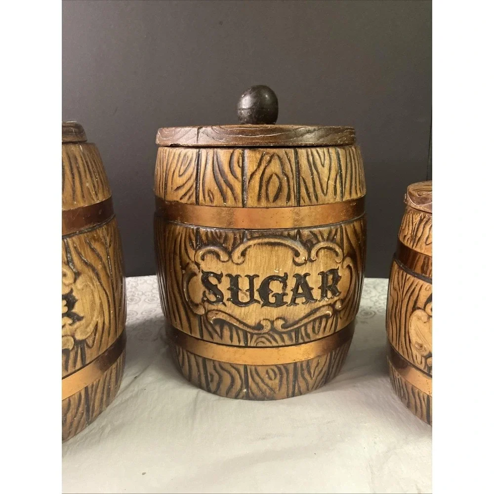 1960's Set of 3 MCM Treasure Craft Ceramic Canister Barrel Flour Sugar Tea